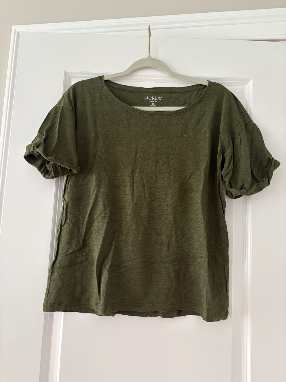 J. Crew Olive Short Sleeve Rolled-Sleeve Linen Tee